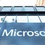 the microsoft logo on the exterior of an office building