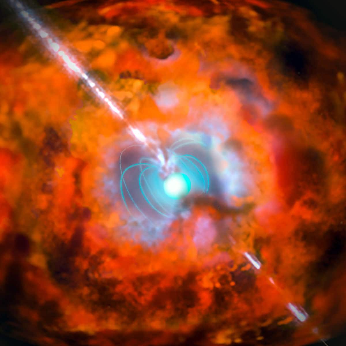 Artists impression of a gamma ray burst and supernova powered by a magnetar