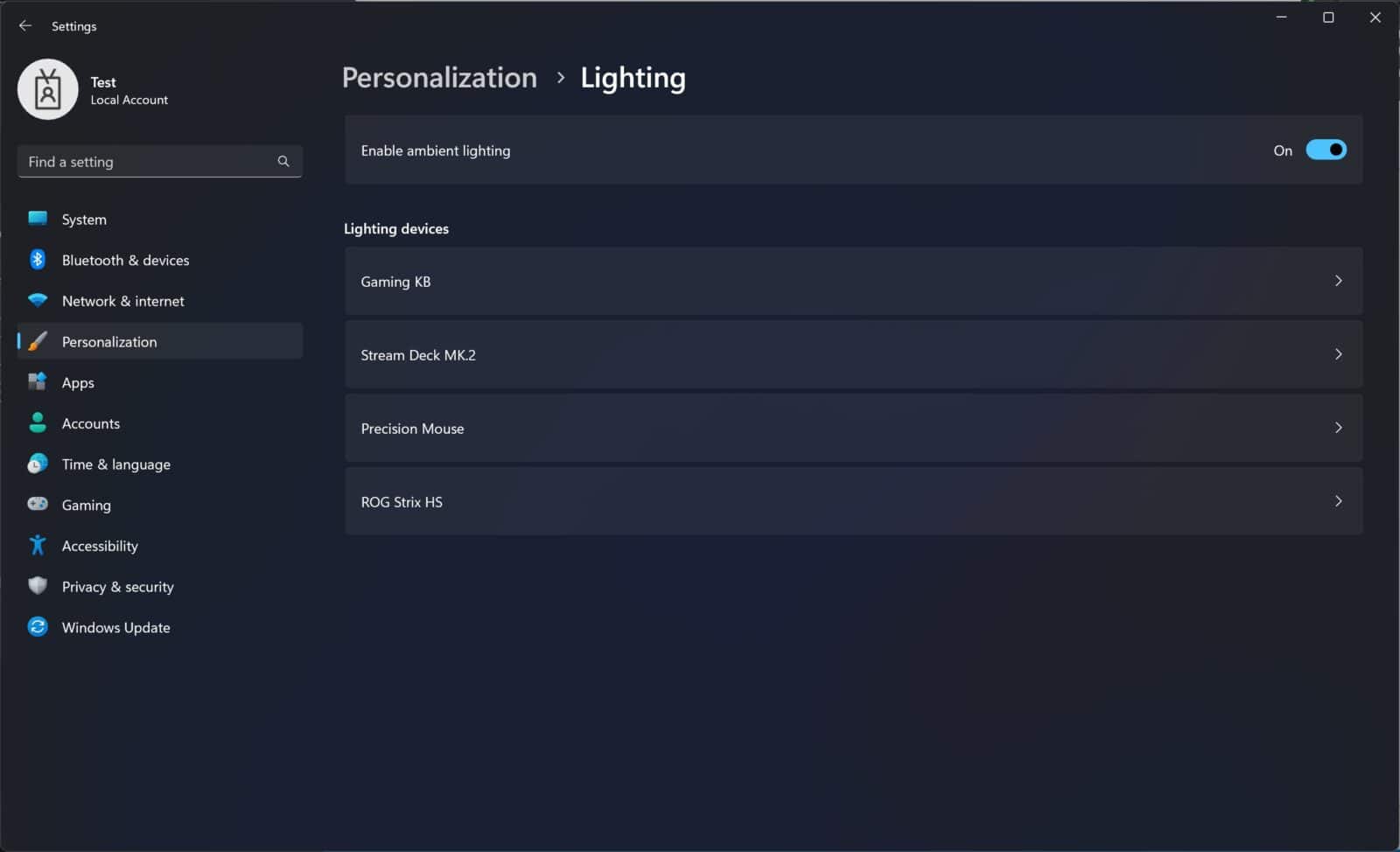 windows11 lighting menu