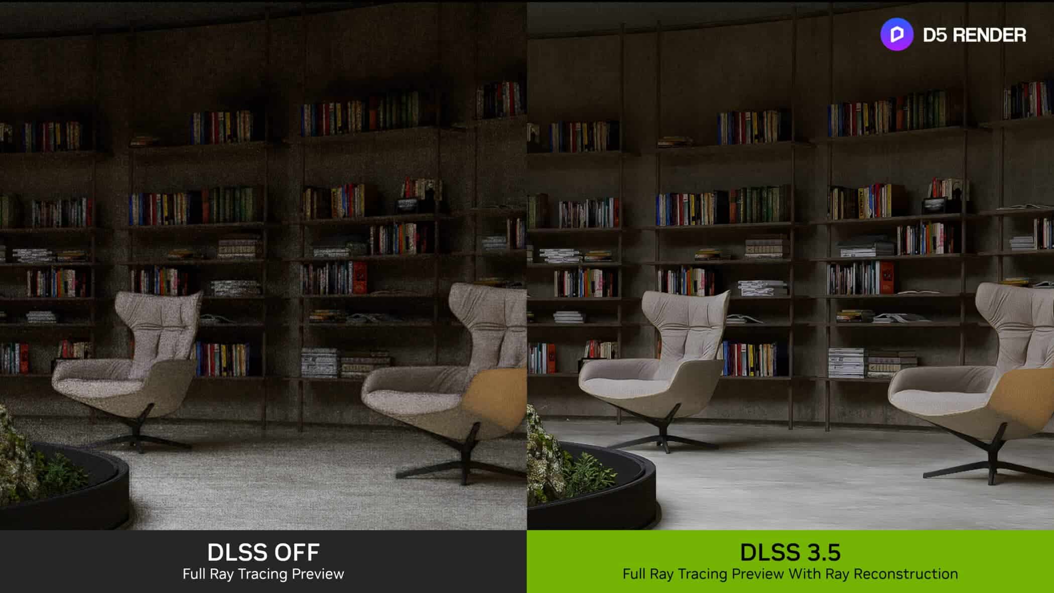 dlss 3 5 ray reconstruction improves d5 render ray traced previews lounge library