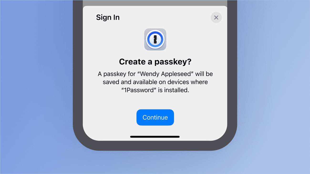 1Password Create passkey in 1Password mobile app