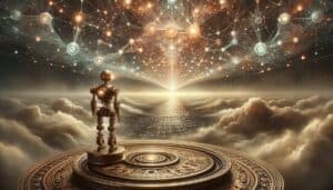 DALL E 2023 10 16 14.43.54 Steam Punk Style Illustration On a detailed ornate metallic platform a slightly smaller steampunk inspired robot stands constructed of brass and co