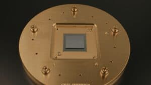 AWS superconducting qubit quantum chip in package assembly developed and manufactured at the AWS Center for Quantum Computing in Pasadena Calif. Credit AWS