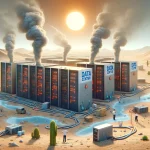 DALL·E 2024-03-01 15.11.08 – A data center struggling due to a shortage of water for cooling. The scene shows several large, industrial buildings with the logo ‘Data Center’ on th